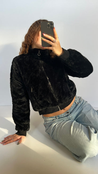 00s black fur jacket- size L