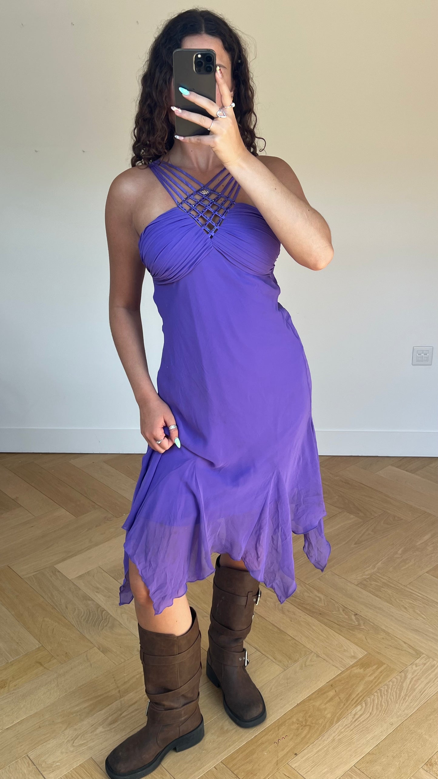 00s purple mesh midi dress- size M