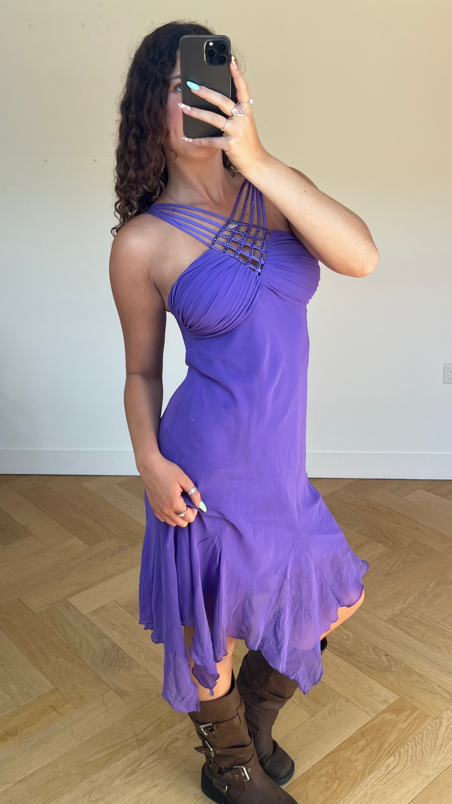 00s purple mesh midi dress- size M