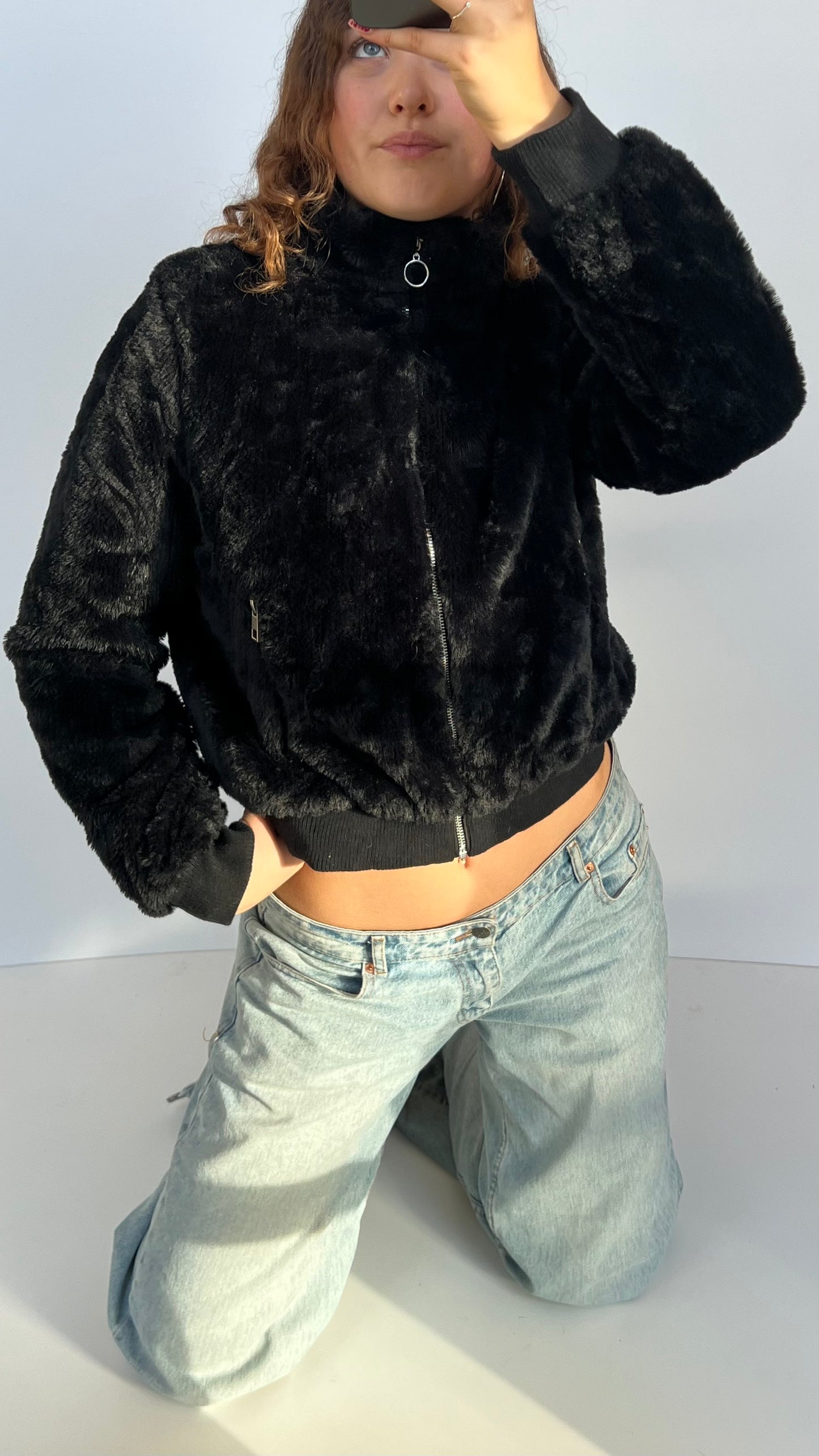 00s black fur jacket- size L