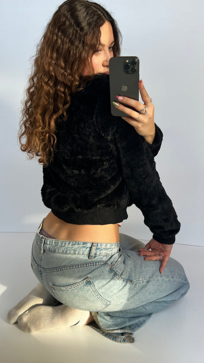 00s black fur jacket- size L