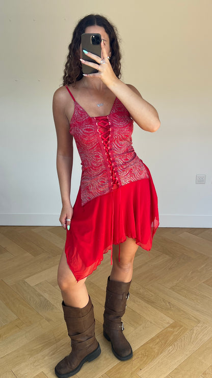 00s red glitter midi dress- size S