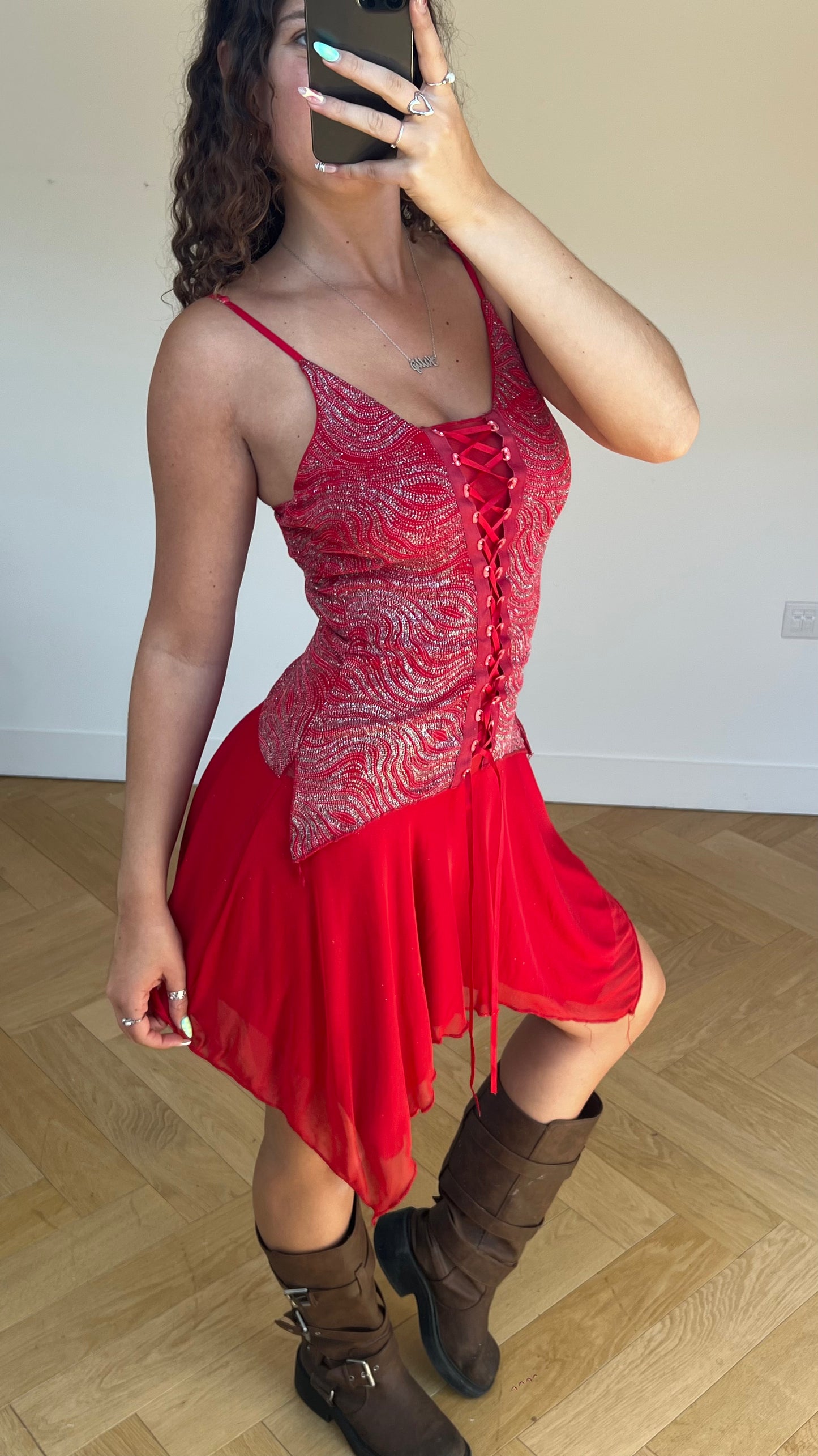 00s red glitter midi dress- size S