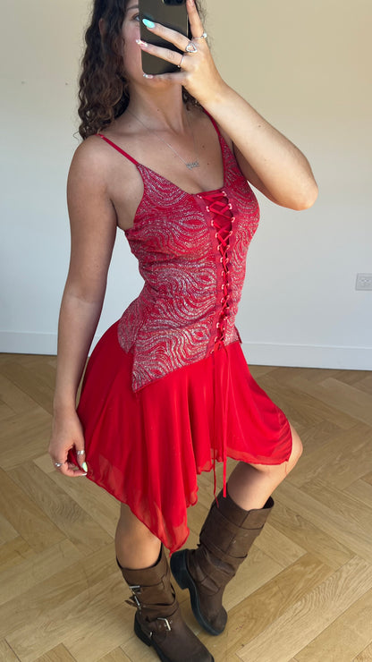 00s red glitter midi dress- size S