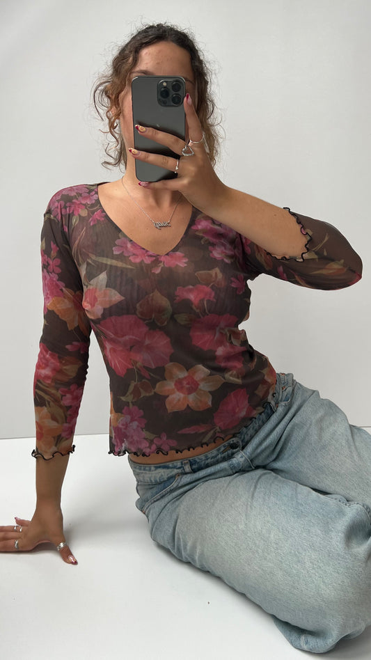 00s brown pink mesh long sleeve top- size M