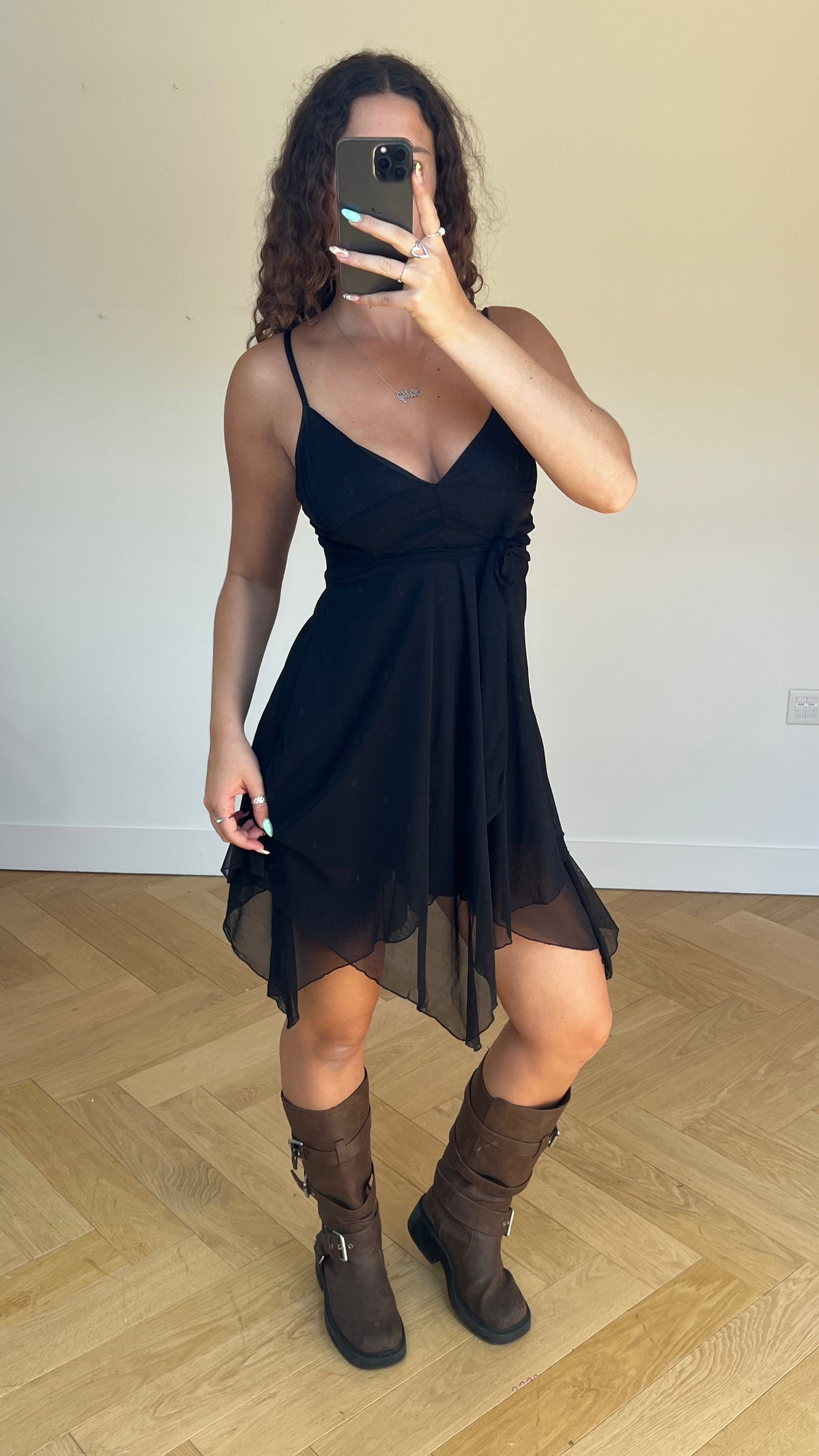 00s black mesh midi dress- size M