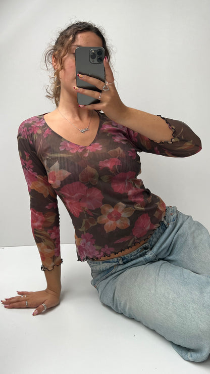 00s brown pink mesh long sleeve top- size M