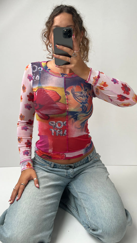 00s pink graphic mesh long sleeve top- size S