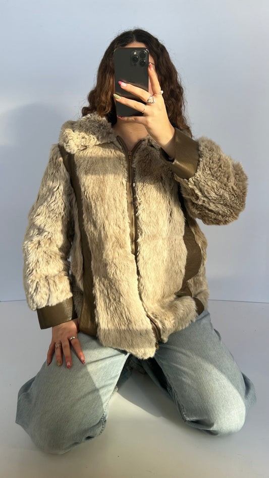 00s brown fur leather coat- size XL