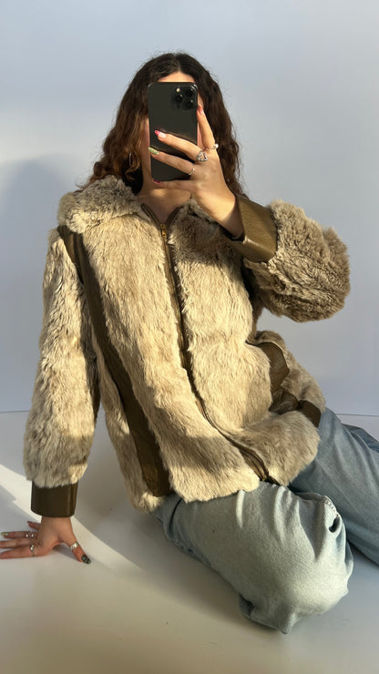 00s brown fur leather coat- size XL