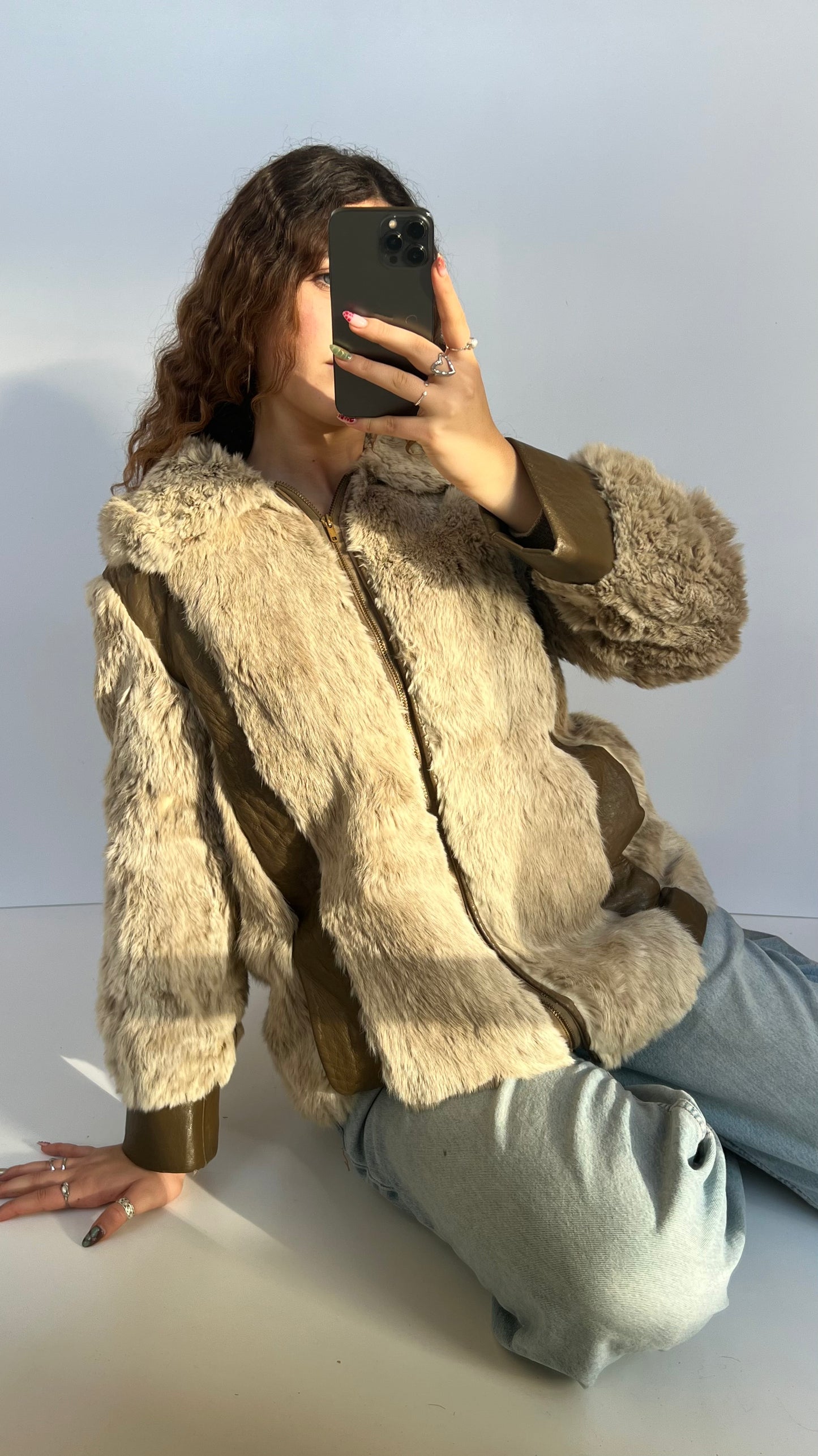 00s brown fur leather coat- size XL