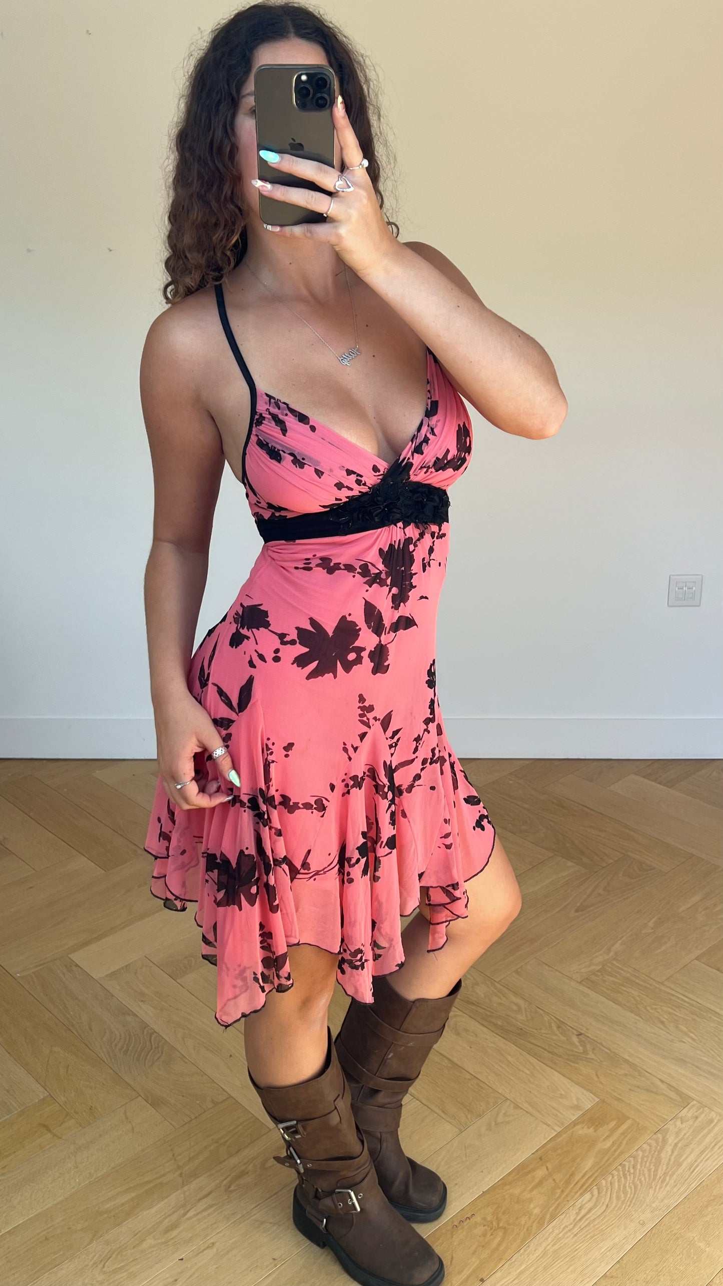 00s pink floral mini dress- size M