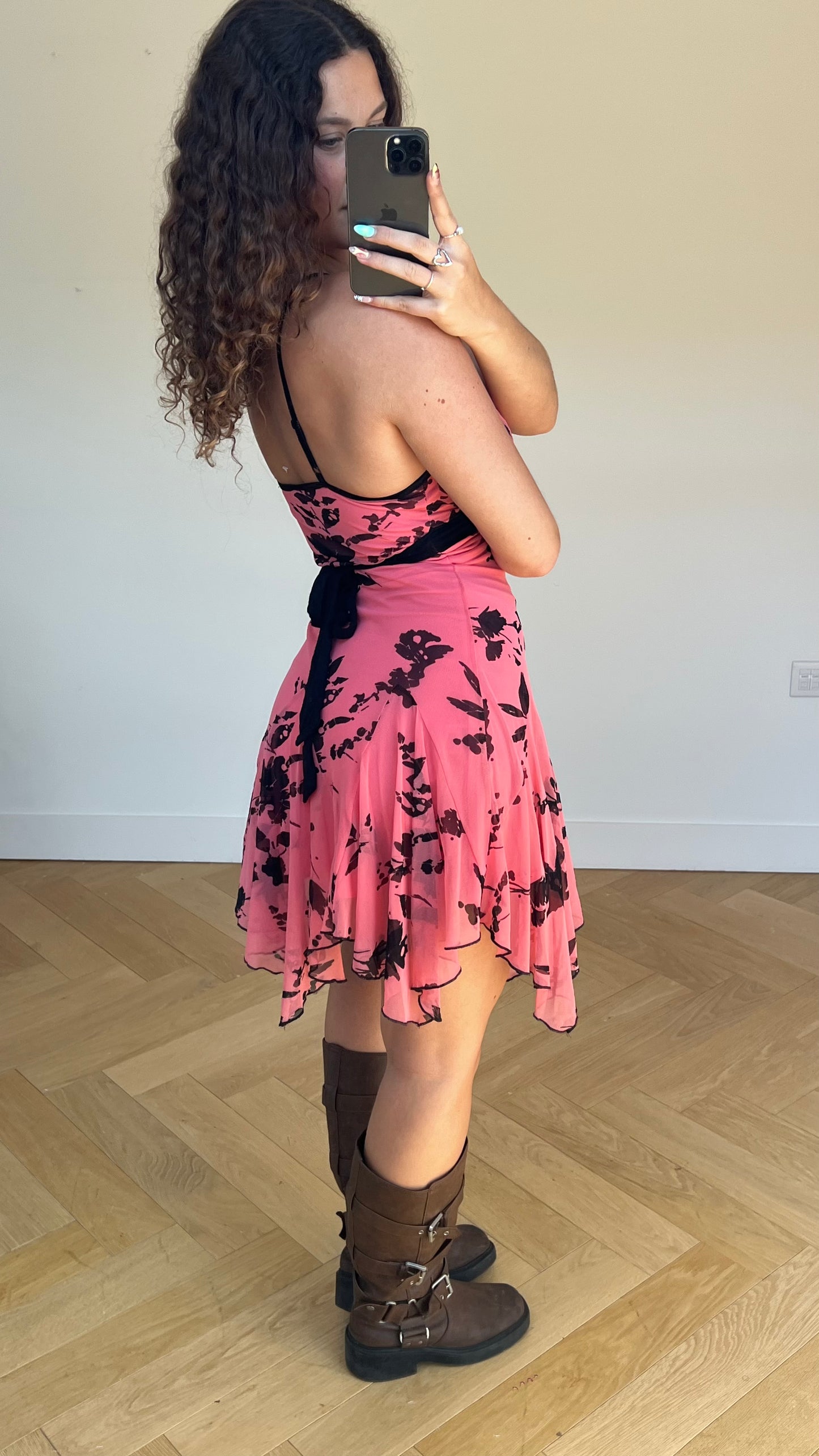 00s pink floral mini dress- size M