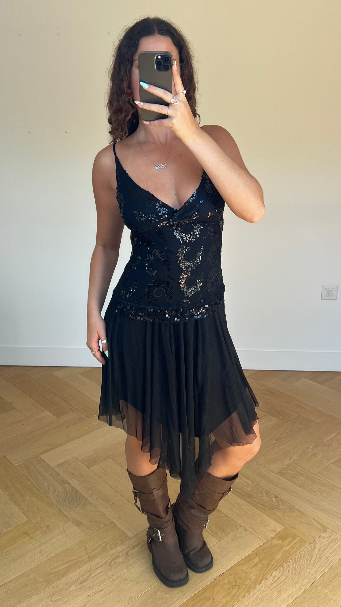 00s black mesh sequin midi dress- size M