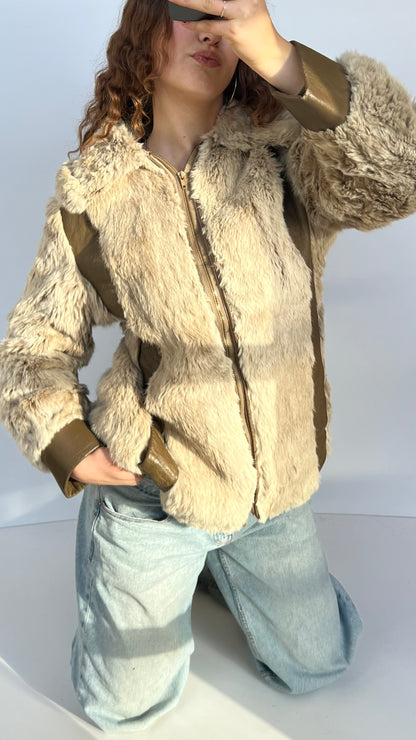 00s brown fur leather coat- size XL