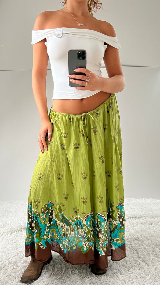 00s green brown boho maxi skirt- size L