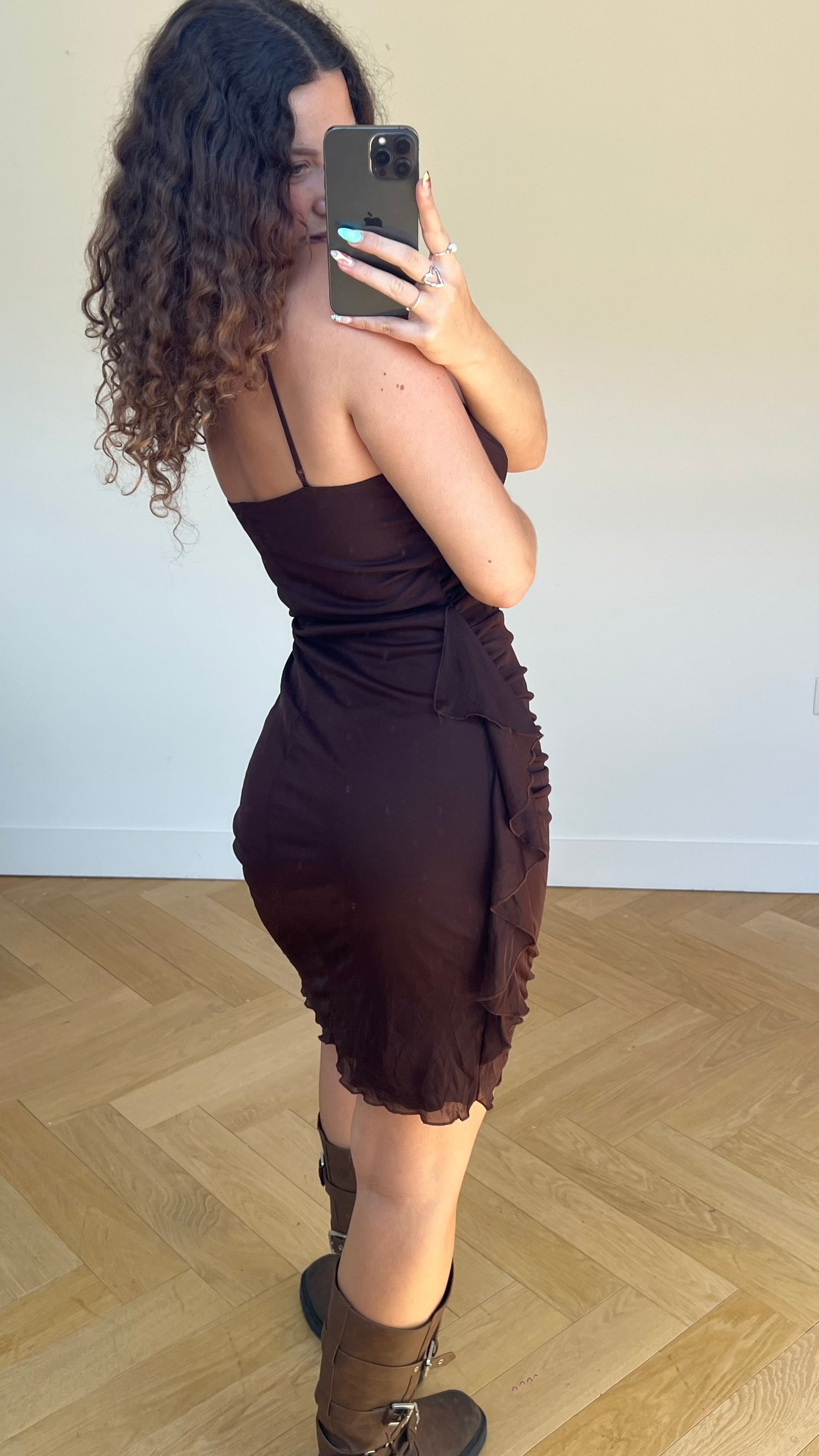 00s brown mesh midi dress- size L