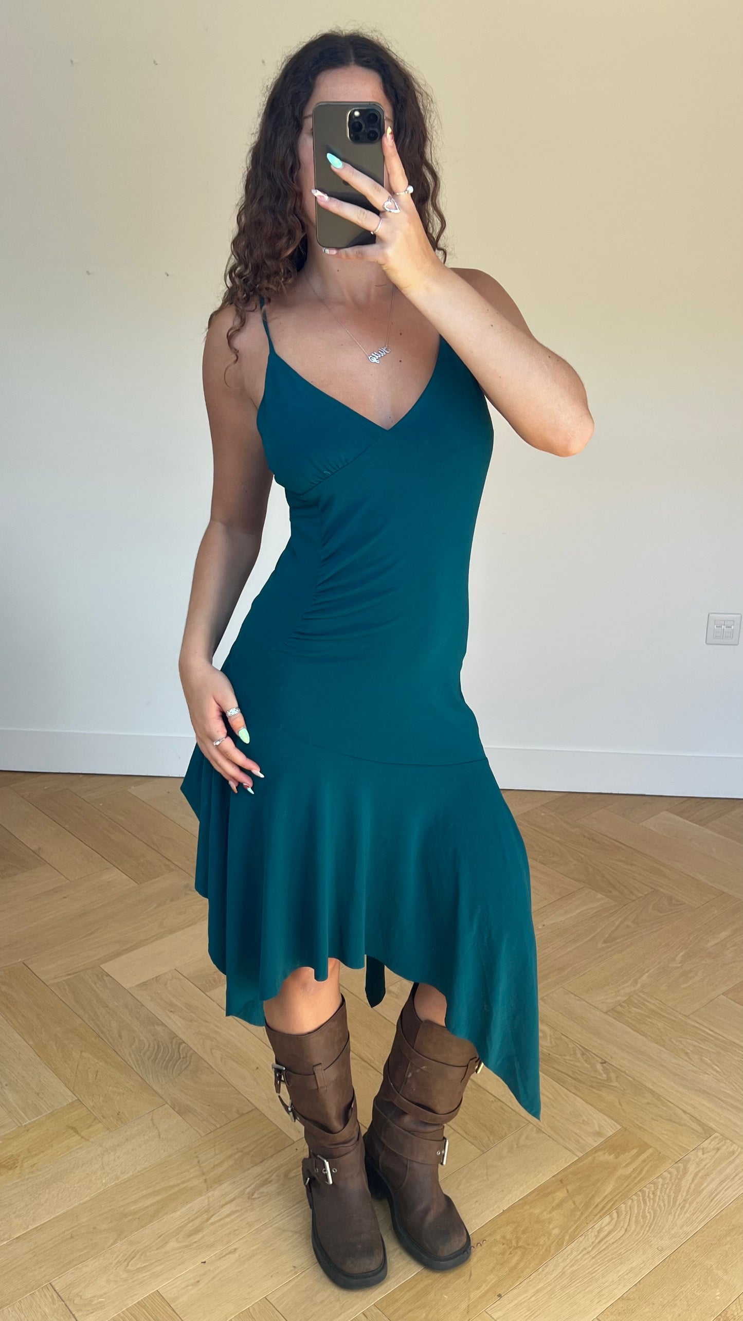 00s teal asymmetric dress- size L