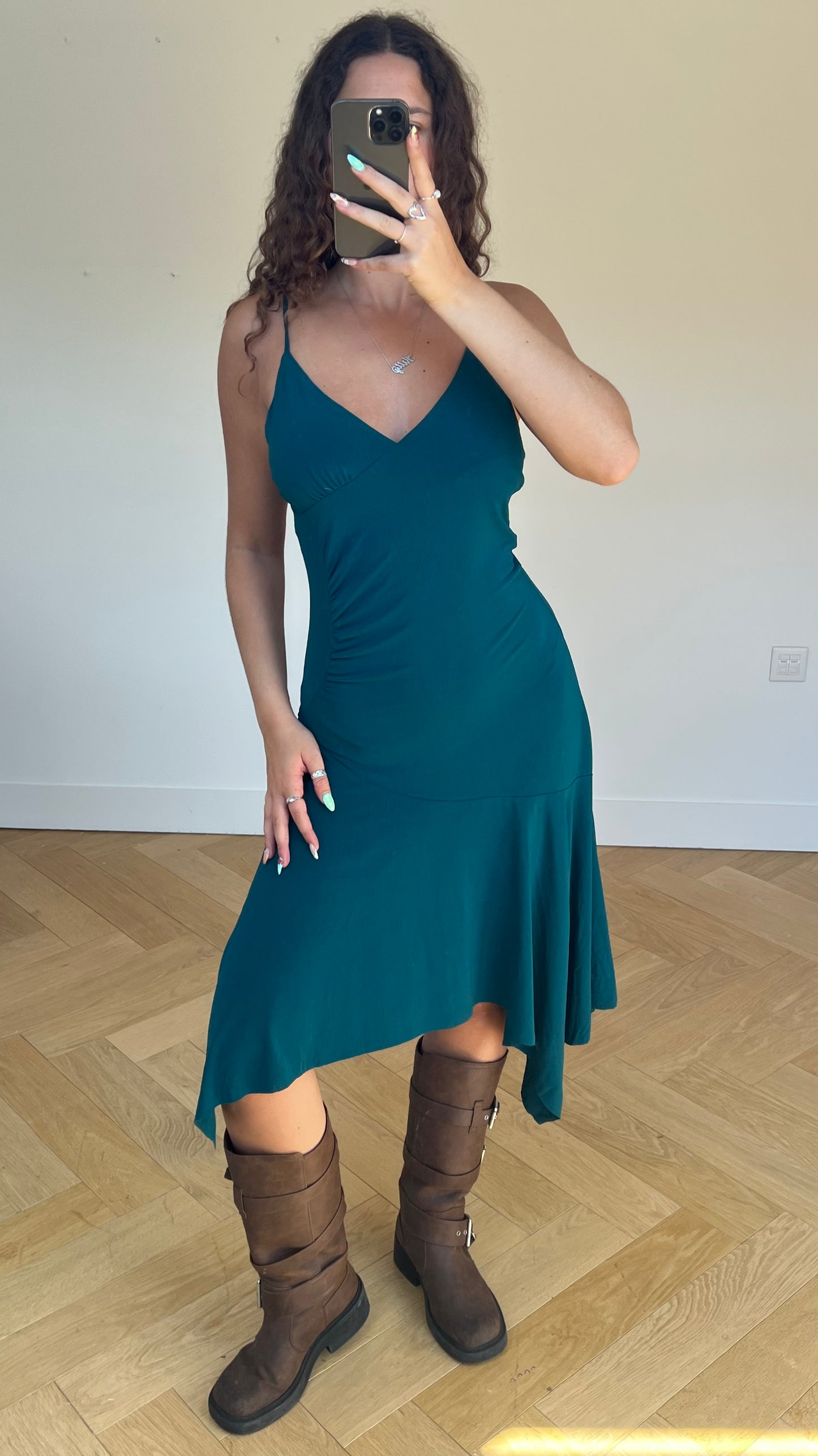 00s teal asymmetric dress- size L