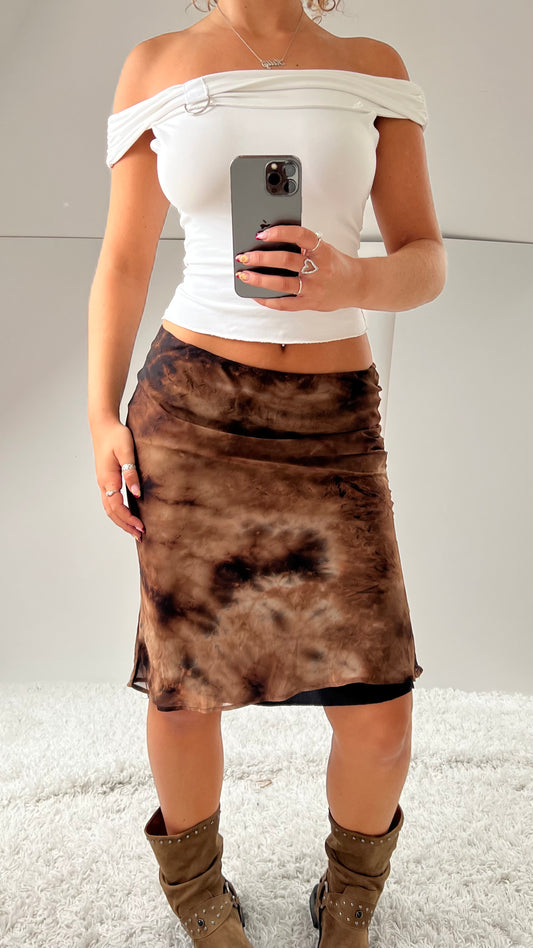 00s brown tie dye mesh midi skirt- size S