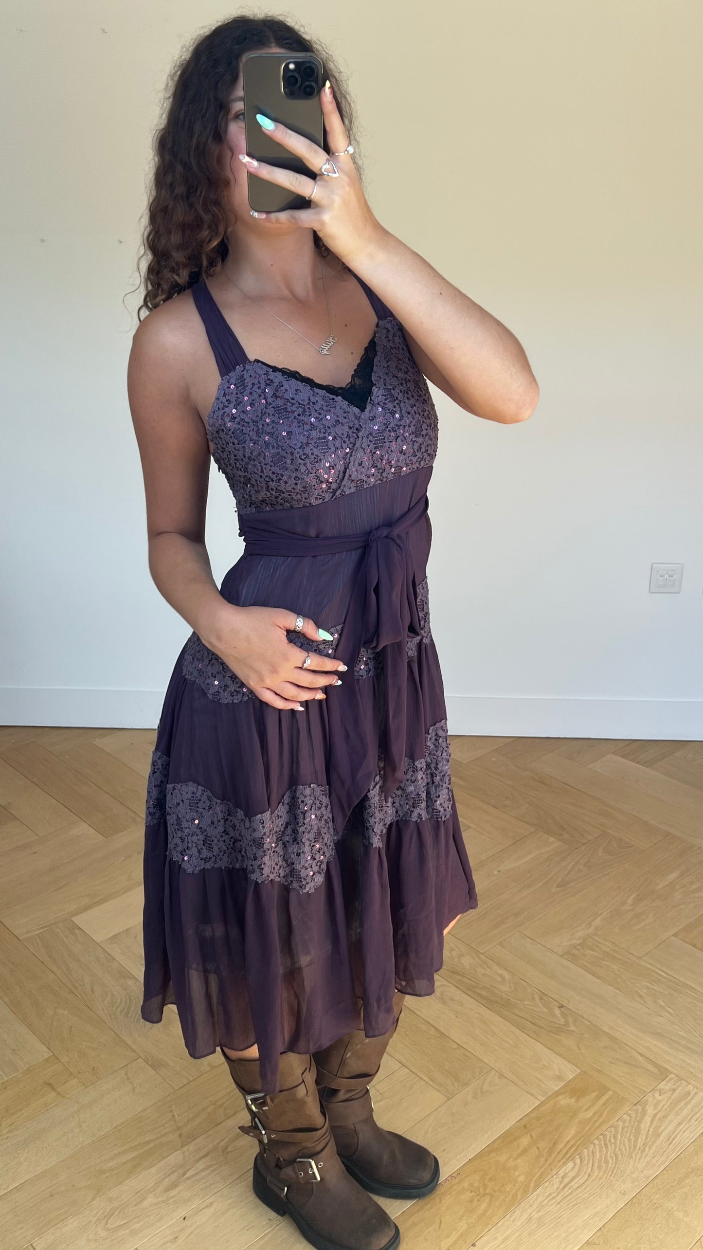 00s purple lace midi dress- size L