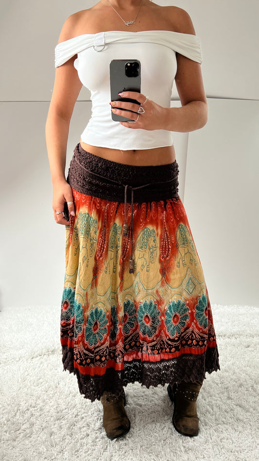 00s boho orange maxi skirt- size S