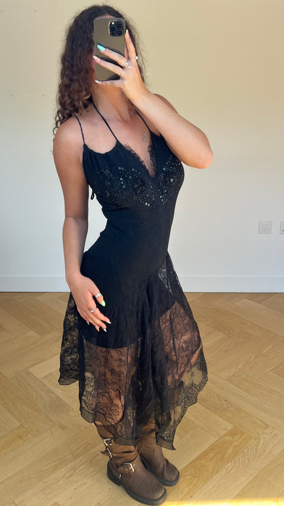 00s black beaded maxi dress- size M