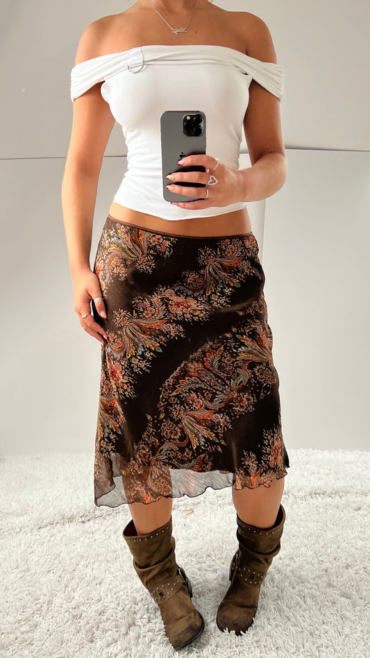 00s brown paisley mesh midi skirt- size M