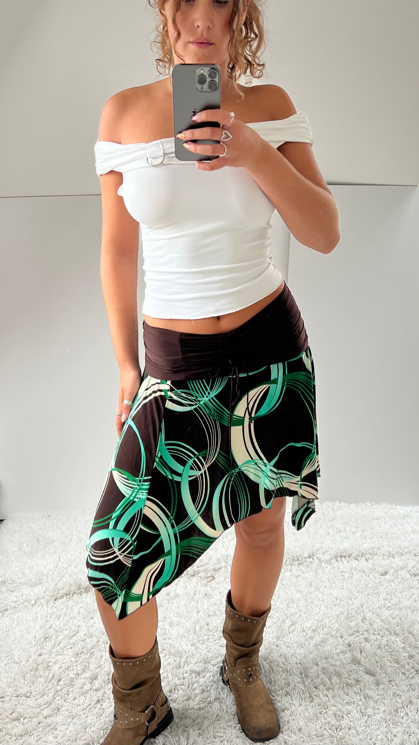 00s brown green midi skirt- size S