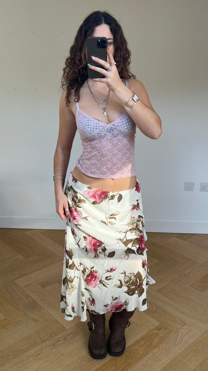 00s cream floral mesh midi skirt- size XL