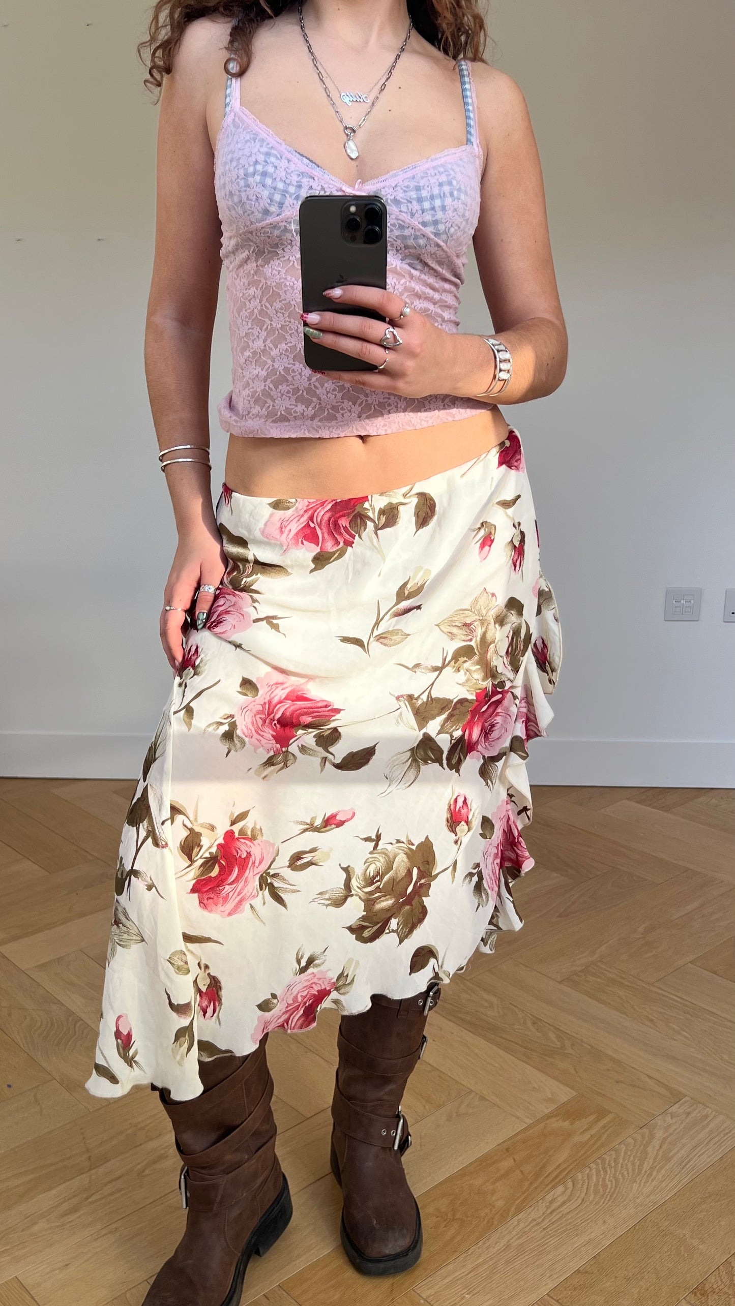 00s cream floral mesh midi skirt- size XL