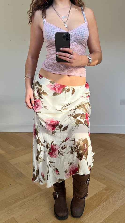 00s cream floral mesh midi skirt- size XL