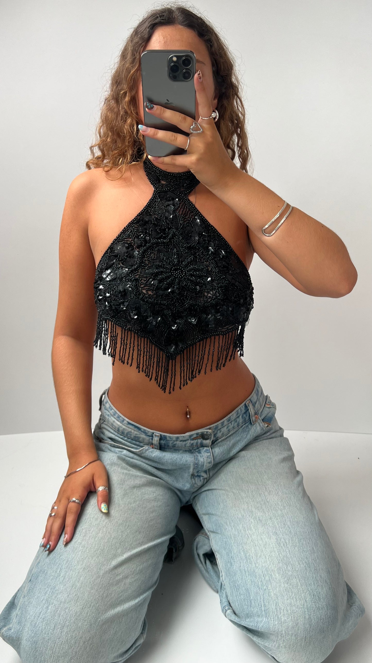 00s black beaded halter top- size S