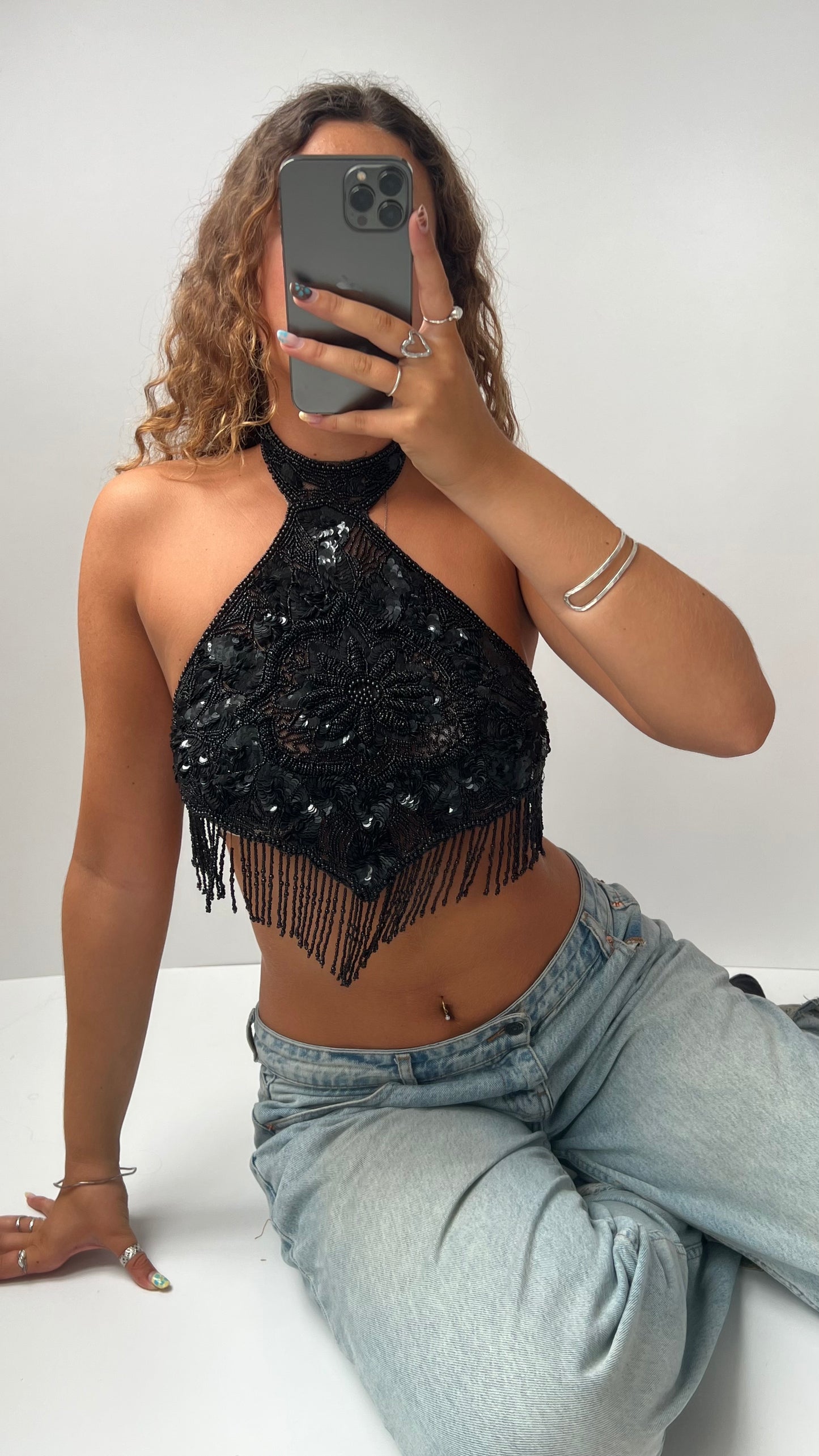 00s black beaded halter top- size S