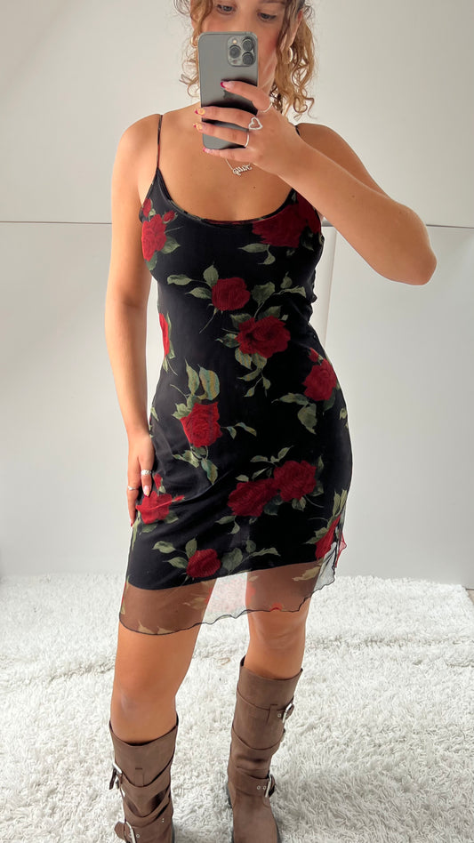 00s red black floral mini dress- size M