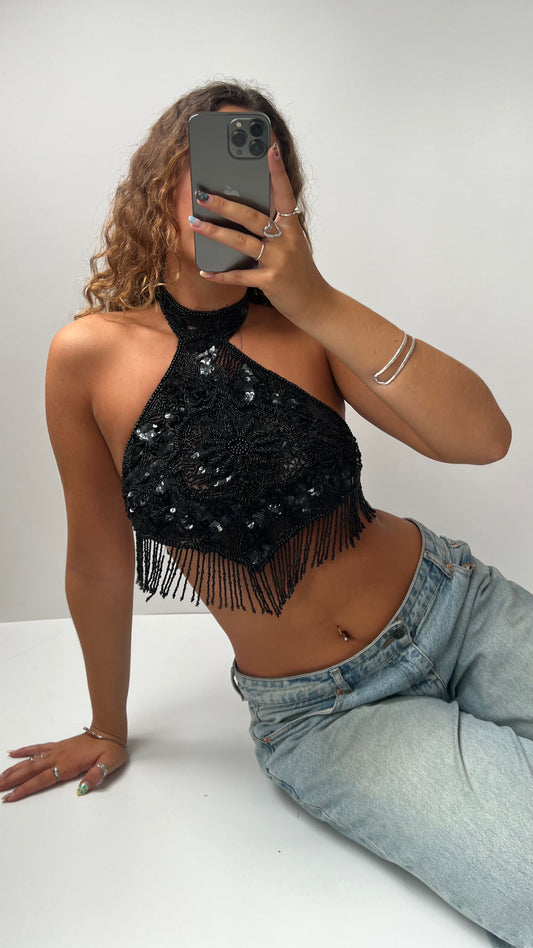 00s black beaded halter top- size S