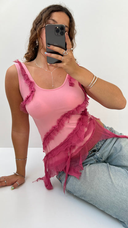 00s pink ruffle tank top- size M