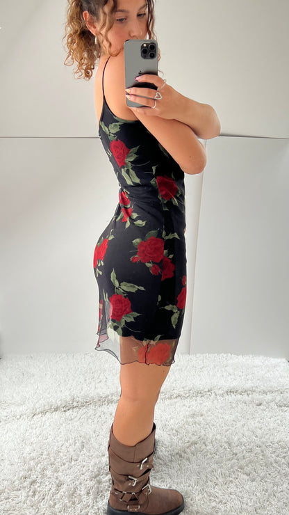 00s red black floral mini dress- size M