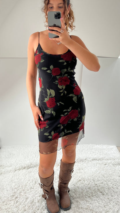 00s red black floral mini dress- size M