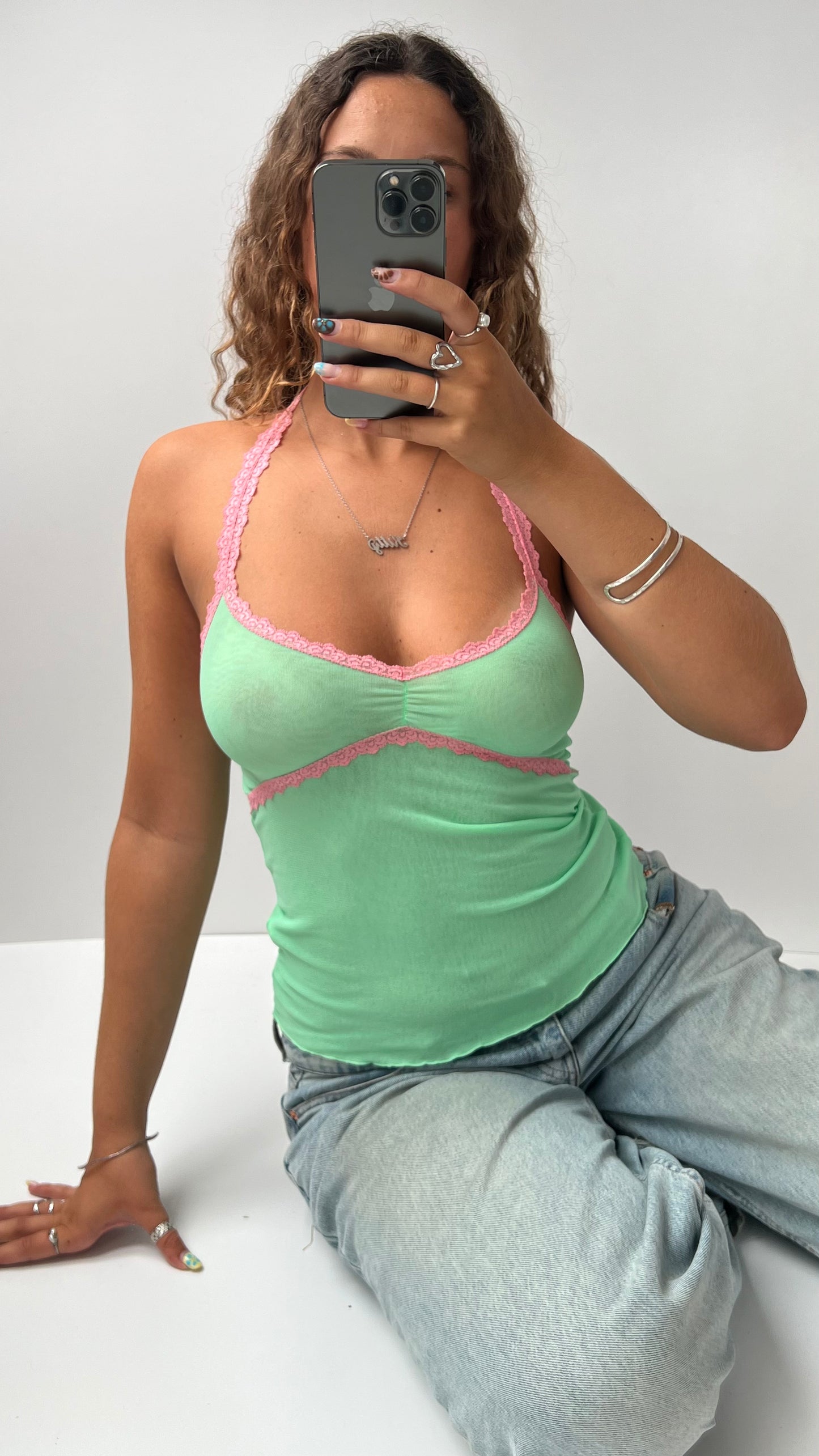 00s green pink mesh cami- size S