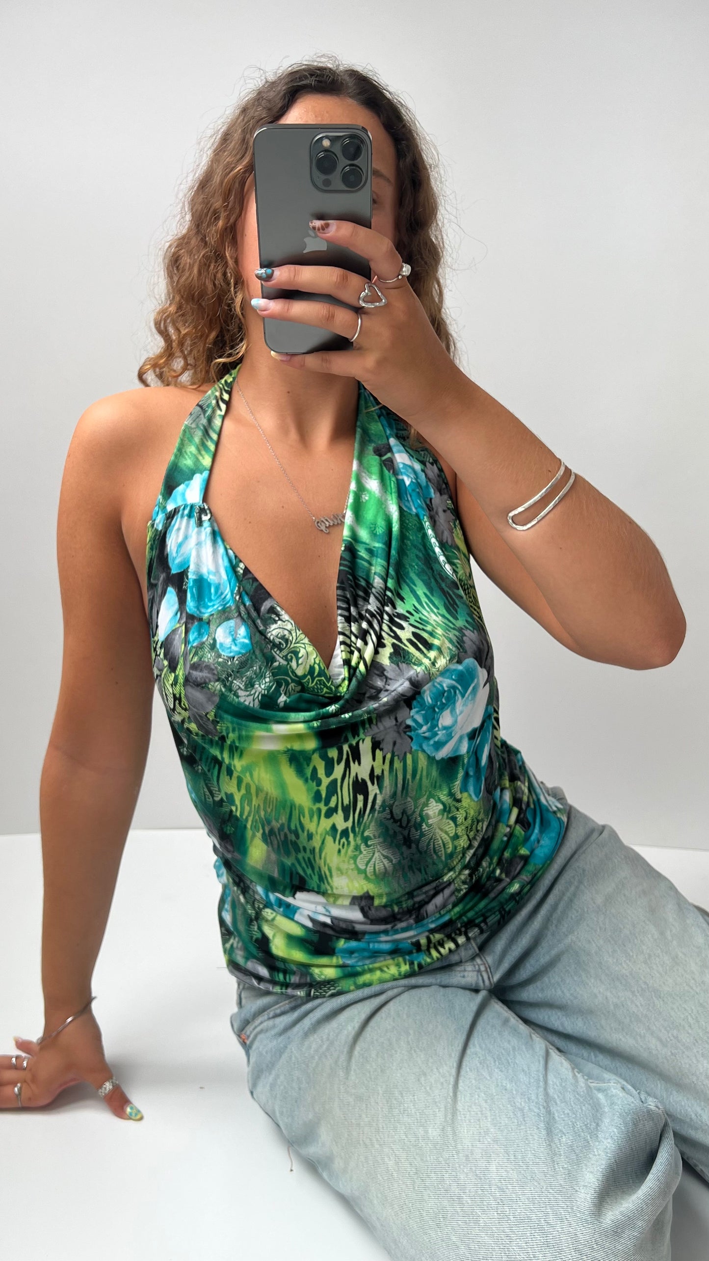 00s green cowl neck top- size L