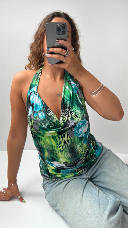 00s green cowl neck top- size L
