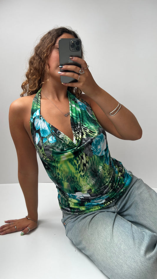 00s green cowl neck top- size L