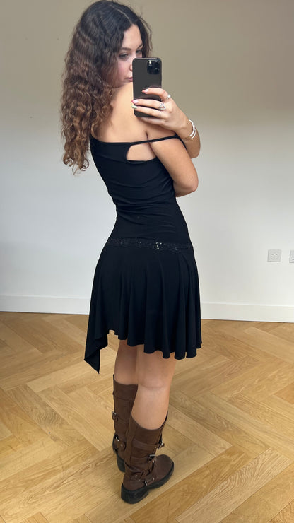 00s black asymmetric mini dress- size M