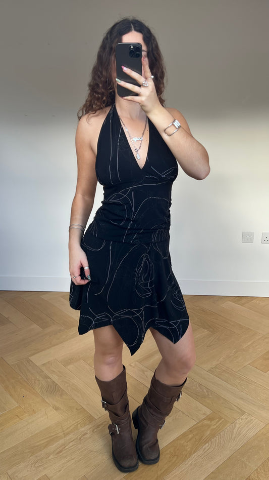 00s black glitter ruched mini dress- size M