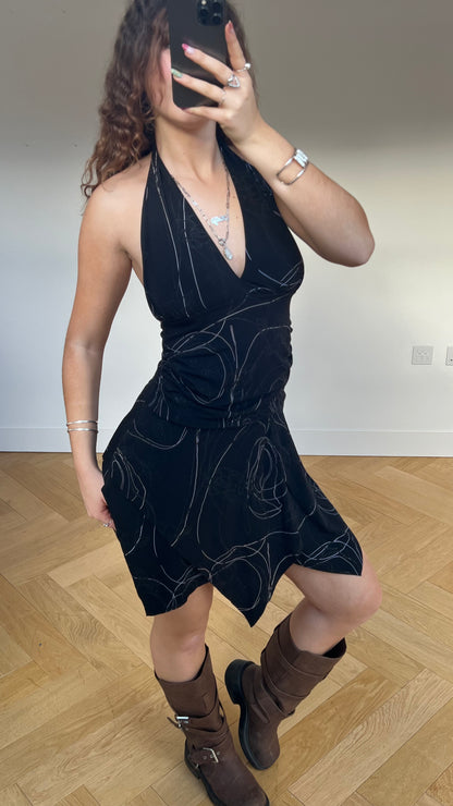 00s black glitter ruched mini dress- size M