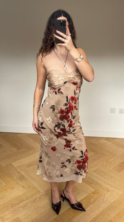00s brown red floral midi dress- size M