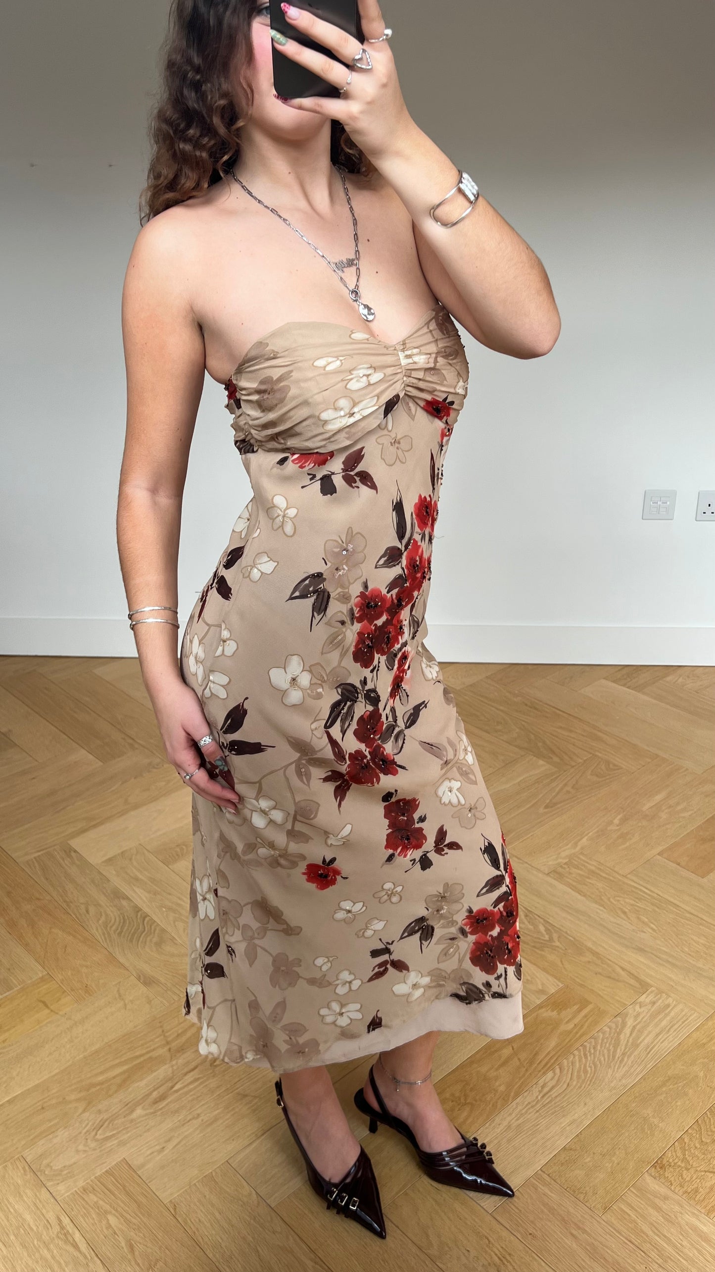 00s brown red floral midi dress- size M