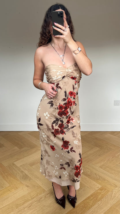 00s brown red floral midi dress- size M