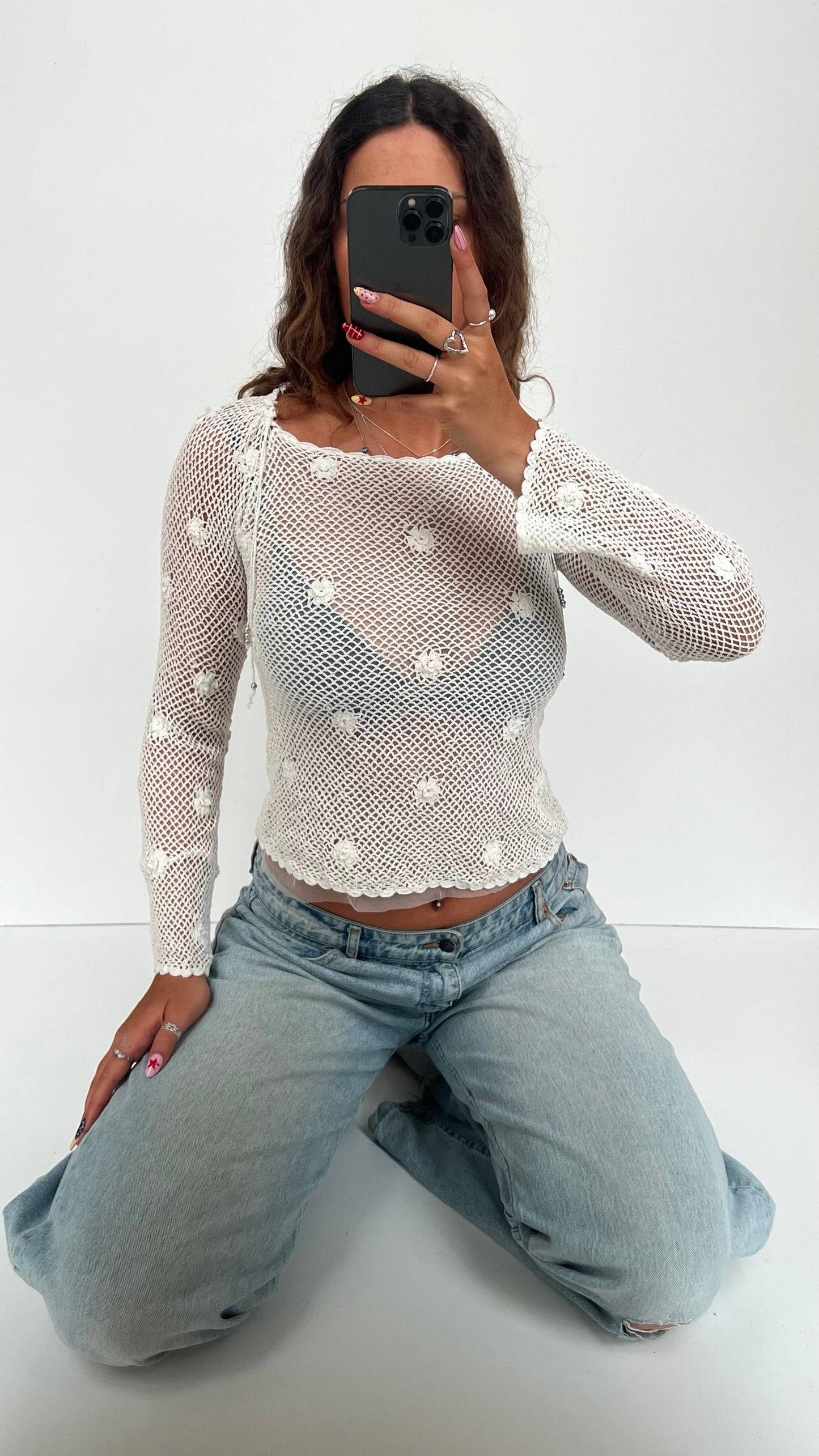 00s white crochet jumper- size S